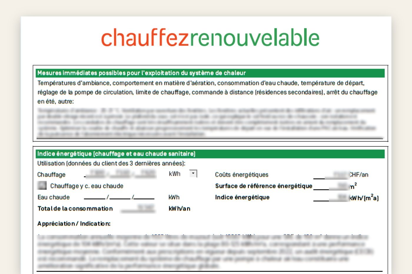 Extrait d'un rapport de conseil énergétique Chauffez Renouvelable